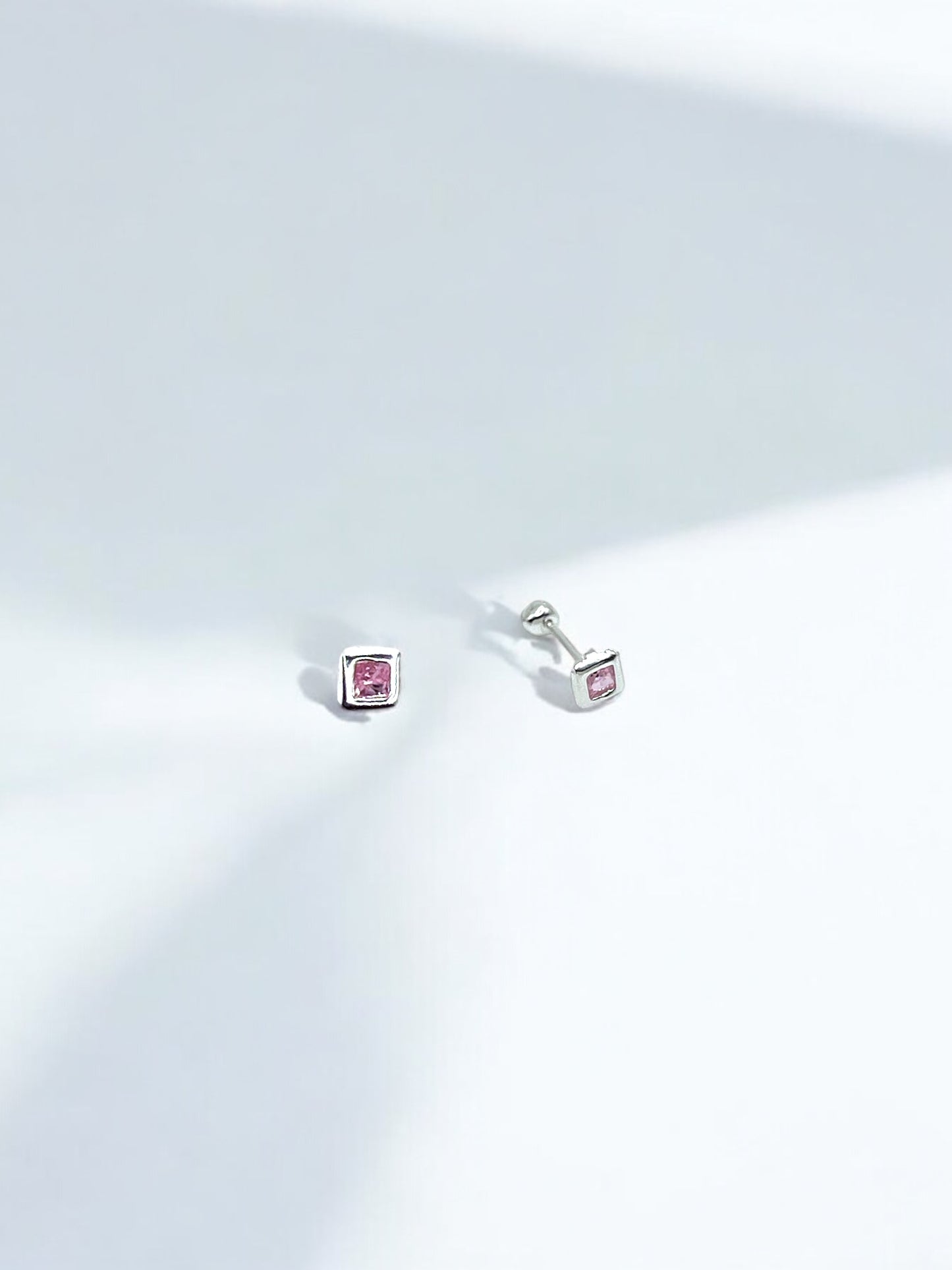 Silver Pink Square Earrings A27