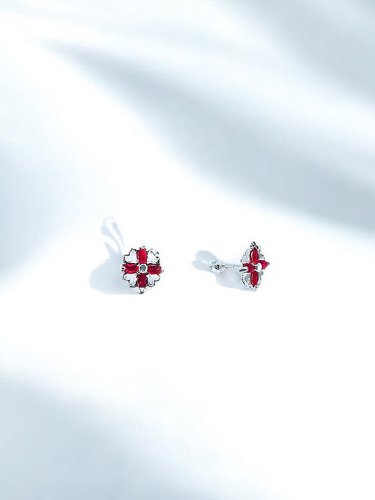 Silver Red Flower Earrings A13